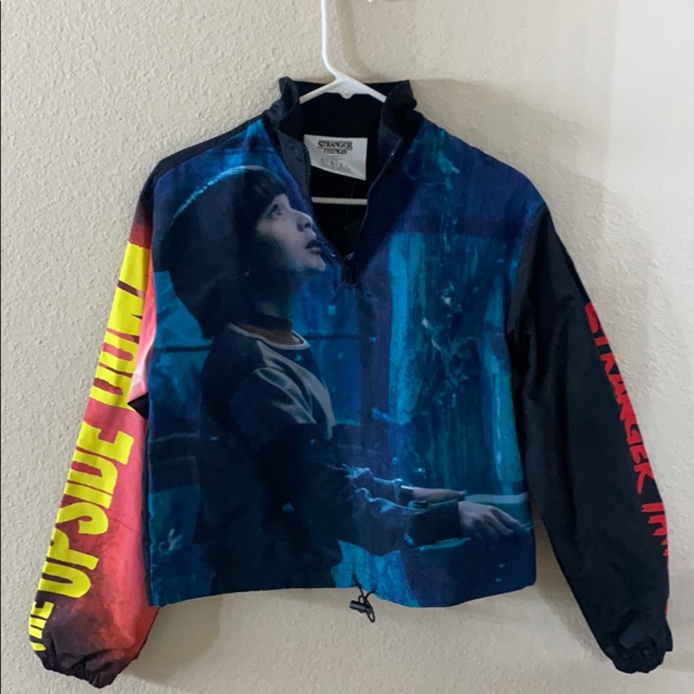 Forever 21 Stranger Things Blue Graphic Bomber Jacket with Yellow & Red Accents
